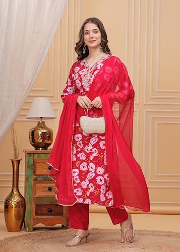 Image of MANHAREE | Women's Rayon Printed Straight Kurta with Pant & Dupatta Set