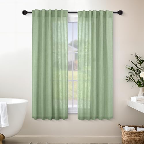 Mrs.Naturall Sage Green Short Curtains for Bathroom Windows 45 Inch