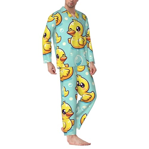 Mens Long Sleeves Pajama Set Cute Yellow Rubber Ducks Light Blue Cozy Two-Piece Loungewear For Nighttime Comfort,Casual Wear3