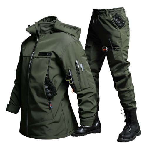 [JUELREOU] アウトドアジャケット 上下セット メンズ 厚手 裏起毛 撥水 防風 防寒着 上下セット 登山ジャケット 多機能 作業着 防寒着 スキーウェア マウンテンパーカー トレッキングパンツ セットアップ