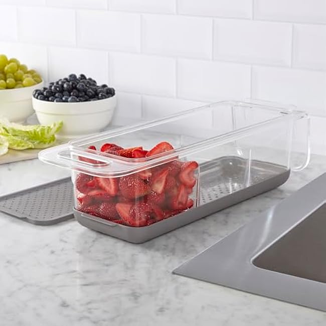 Copco Over the Sink Colander and Fridge Storage Bin with Folding Handle for Rinsing and Storing Fruits and Vegetables, Clear/Gray
