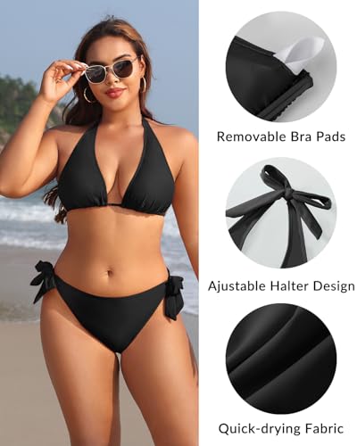 Image of Women Plus Size Bikini Set Two Piece Sexy Swimsuit Tie Side Halter Bathing Suits