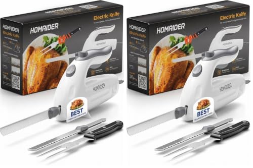 Image of Homaider Electric Knife for Meat Slicing, Turkey, Carving Meat, Bread & More | Ergonomic Handle + 2 Carving Reciprocating Stainless Steel Blades and Serving Fork Included, 6 Foot Cord (Pack of 2)