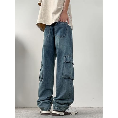 Men's Cargo Jeans Flap Pockets Wide Leg Baggy Denim Pants Drawstring Straight Jeans Trousers4