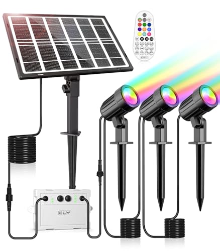 CLY Faretto Solare RGB Lampada Solare RGB con Telecomando IP66 Faretto LED 10 Colori 6 Luminosità 30 Modalità Dinamiche Faro Dimmerabile Funzione di Memoria Timer Funzione Cambia Colore 3 in 1