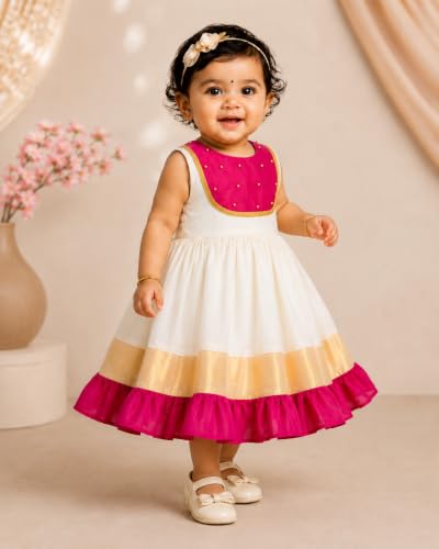 Image of Stanwells Kids Dress for Girls Embroidery Knee Length Traditional Applique Kerala Ethnic Frock for Baby Girls Zipper Beautiful Sleeveless Birthday Dress for Girls Cream & Green (4 Months-7 Years)