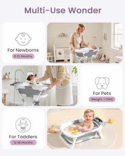 Image of 2-in-1 Foldable Baby Bathtub with Stand, Newborn Tub for Infant to Toddler, Easy-Store Design, Baby Shower Gift for New Parents, Grey