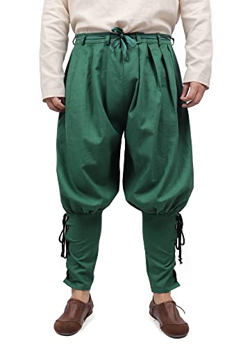 PROCOS Medieval Retro Ankle Banded Pants for Men Linen Renaissance Pirate Navigator Trousers Lace Up Bottoms (Green, X-Large)