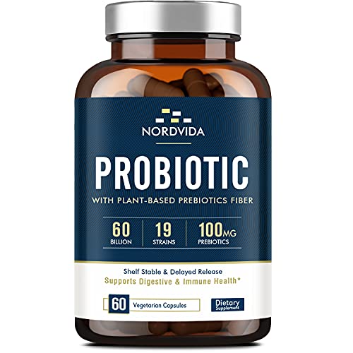 Probiotics 60 Billion CFU 19 Strains with Organic Prebiotic for Men & Women, Shelf Stable Delayed Release, No Need for Refrigeration, Digestive & Immune Health, Non-GMO, Vegan, No Soy Dairy, 60 Caps