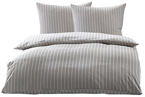 Bettwaesche-mit-Stil Mako Satin Damast Streifen Wendebettwäsche (Kiesel - braun, 200cm x 220cm + 2X 80cm x 80cm)