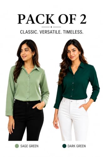 Image of FUNDAY FASHION Women Solid Regular Fit V Collered Casual Shirt (Pack of 2)