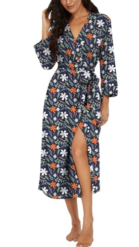 Image of VINTATRE Robes for Women Long Knit Bathrobe XS-4XL | 3 /4 Sleeve Bathrobes with Pockets, Stretchy and Lightweight Fabric, Inner Tie and Fixed Outer Matching Belt, Mid Calf Length