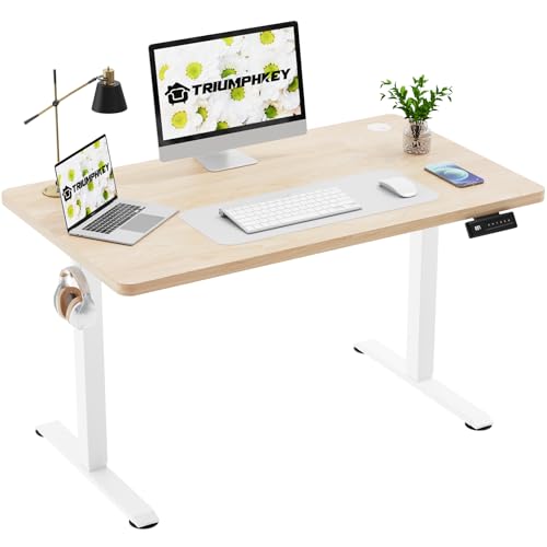 TRIUMPHKEY 120x60cm Escritorio Elevable con Tablero Entero, Mesa Altura Ajustable con Panel Control con 4 Funciones Memoria,Escritorio de Gancho y Gestión de Cables para Oficina y Hogar Roble