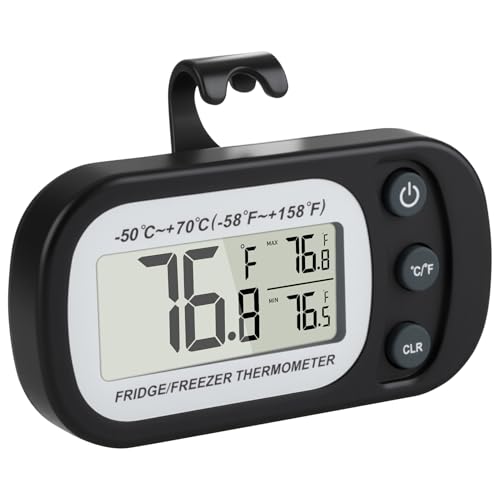 Fridge Thermometer Digital Refrigerator Thermometer Waterproof Freezer Thermometer Hanging Hook Temperature Monitor with Large LCD Display, Max/Min Temperature Recording for Kitchen Restaurants, Black