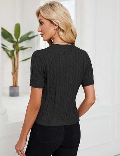 Image of Libsorge Womens Cropped Short Sleeve Sweater Fall 2025 Crewneck Sheer Knit Tops - Lightweight, Thin, Crop, Slim Fit