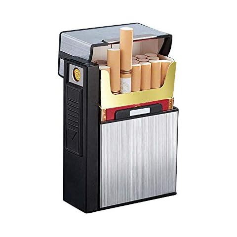 Cigarette Case with USB Lighter 2 in 1 for 20pcs Regular King Size Cigarettes Separable Portable Rechargeable Windproof Flameless Electric Lighter for Whole Package Cigarettes (Silver) Cover