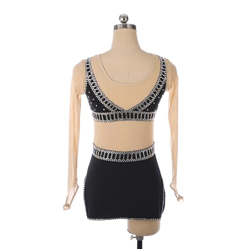 Vestido de patinação artística, linhas brilhantes e fendas laterais de strass, fantasia de competiçã