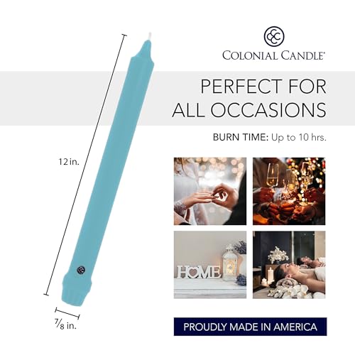 Image of Colonial Candle Unscented Taper Candle, Classic Collection, Coastal Blue, 12 in, Pack of 12 - Up to 10 Hours Burn