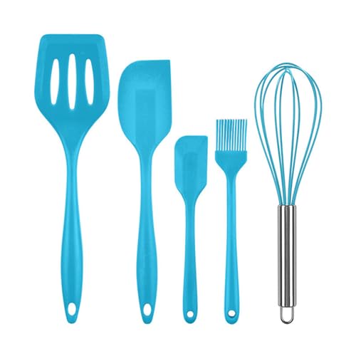 Kit d'Ustensiles de Cuisine, 5 Pièces Ustensiles de Cuisine Silicone Résistantes à Chaleur - Outil de Cuisine Antiadhésif pour Cuisine, Cuisson, Pâtisserie (Bleu)