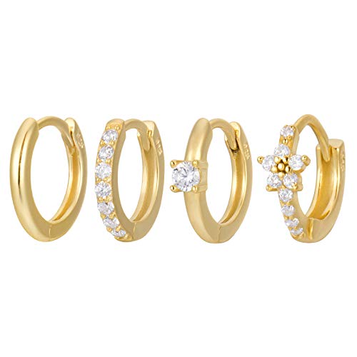 18K Gold Plated Sterling Silver Gem Flower Clicker Mini Cartilage Hoop Earrings | Cubic Zirconia Paved Tiny Huggie Hoops