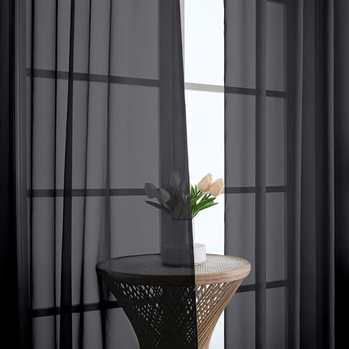 Image of OWENIE Sheer Black Curtains, Sheer Curtains 63 inch Length 2 Panels Set, Rod Pocket Voile Fimly Sheer Drapes for Living Room Bedroom, 2pcs, Black, Each 59 inch W x 63 inch L