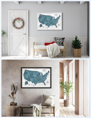 Image of IPIC - Large Custom USA Map Wall Art, Push Pin Map with Custom Names to Track Your Travels, Vintage Teal Farmhouse Style Framed Canvas Wall Decor for Home, Office or RV, Ready to Hang