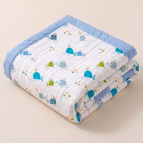 Image of StarAndDaisy Muslin Cotton Blanket 110 x 110 cm, Soft Lightweight Baby Blanket with Whale Print, Breathable Muslin Wrap for Newborns, Infants and Toddlers.