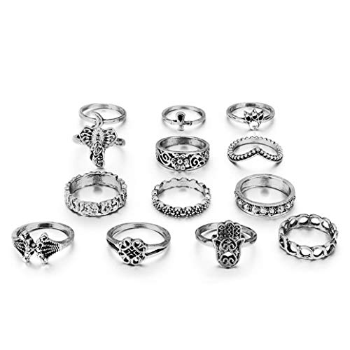 Zealmer Retro Silver Set of Rings Fatima Moon Flower Crown Elephant Rhinestone Knuckle Statement Ring Set