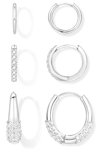 Poxtex Small Sterling Silver Hoop Huggie Earrings Set for Women, Silver Stud Earrings for Multiple Piercing Hypoallergenic Trendy Jewelry, Dainty Jackets Cartilage Cubic Zircon Earrings for Women's