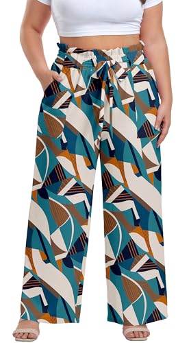 Image of OLRIK Women's Plus Size Pants Adjustable High Waisted Wide Leg Palazzo Pants Casual Trousers with Pockets Spring Clothes