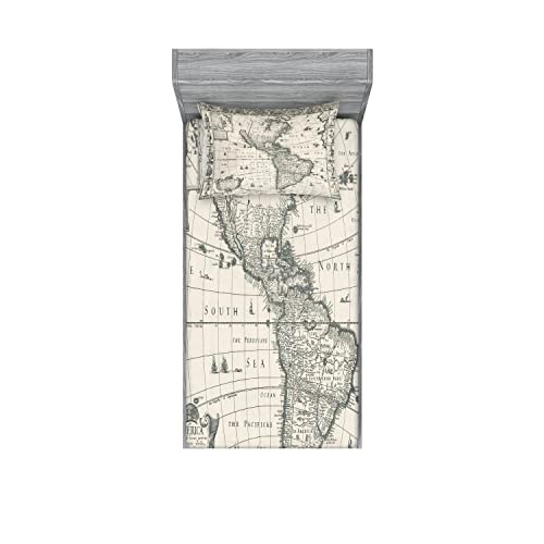 Ambesonne World Map 2 Pack Fitted Sheet & Pillow Sham Set, Retro Old America Map, 4 Pcs Bedding Decor, Package Contains 2 Twin Size Fitted Sheets & 2 Pillow Covers, Cream Grey