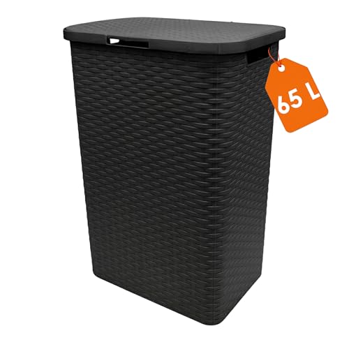 Kunststoff Wäschekorb anthrazit mit Deckel in Rattan Optik - 65 Liter