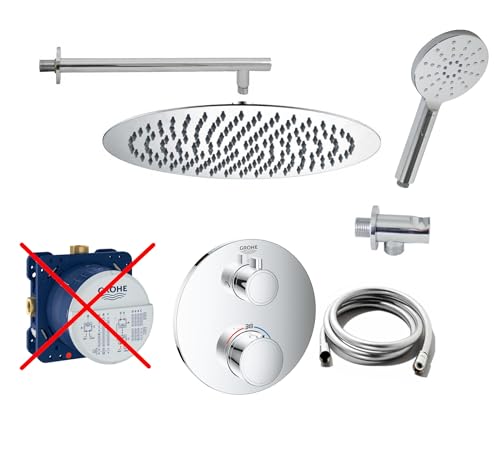 vanvilla Duschsystem mit Unterputz Duscharmatur von Grohe Grohtherm 2-Wege Thermostat und vanvilla Regendusche mit Armatur mit Thermostat, Duschkopf rund, Dusch-SET G10-ob poliert