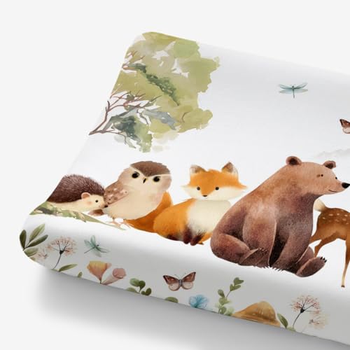 Image of HawSkgFub Animal Friends Changing Pad Cover for Baby Girl Boy, Natural Forest Deer Bear Fox Owl Diaper Change Table Covers, Soft Stretchy Safe Snug Fitted Changing Mat Sheet Fit 32"/34" x 16"