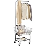 Yaheetech Laundry Cart with Wheels, Rolling Laundry Basket with Hanging Rack, Commercial Laundry Hamper, Black Laundry Organizer, 21.5 x 25 x 70.5 In