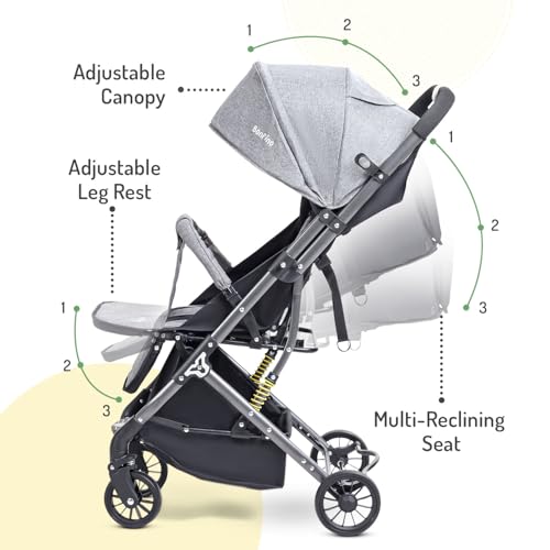 Bonfino Breeze Lite Premium Baby Stroller, Easy to Carry Pram with Trolley Handle, Equipped with Safety Harness, Storage Basket,Swivel Wheels,Baby Stroller for 0-3Years,Self-Standing When Folded,Grey