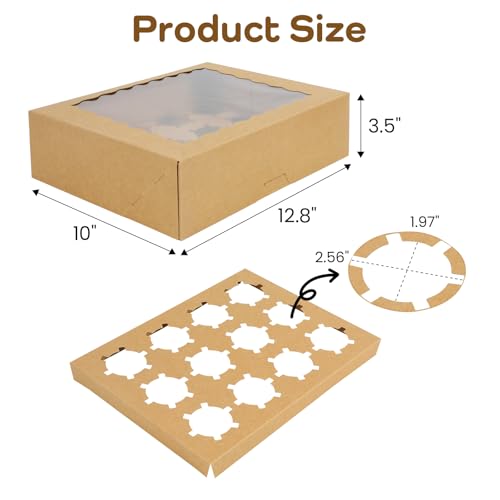 Tcoivs 15-Set Cupcake Boxes Hold 12 Standard Cupcakes, Auto-Popup Cupcake Containers with Windows and Inserts, Brown Cupcake Carrier, Food Grade Kraft Cupcake Holders