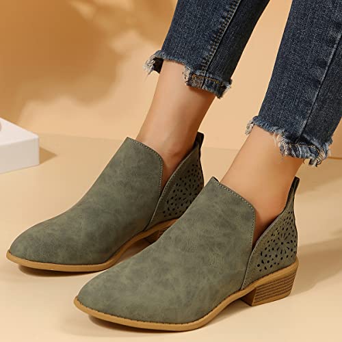 JITUUE Ankle Boots for Women Casual Cut Out Slip On Low Heel Short Chunky Stacked Heel Perforated Side V Cut Western Booties Cutout Shoes(Green,US 10 — view 3