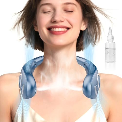 Image of Personal Neck Fans Mister with Water Spray, 4000mAh 4-9H Lasting, Mini Foldable Leafless AC for Neck Face Shoulder, LED Cordless Hanging Wearable Headphone Fan for Kid Adult Worker Hot Weather, Blue