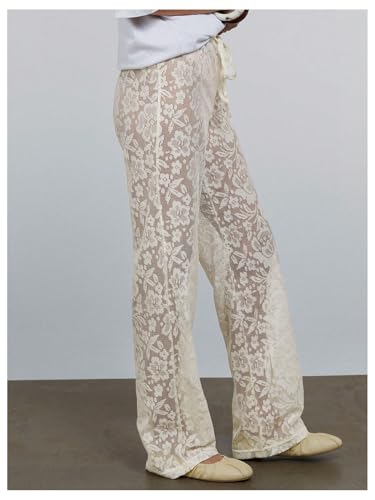 Floerns Women's Floral Lace Straight Leg Pants See Through Going Out Rave Bottoms2