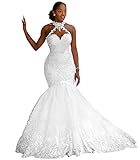 BONOYUER Plus Size Wedding Dress with Train Long Halter Sleeveless Mermaid Formal Bridal Gown Ivory 16W