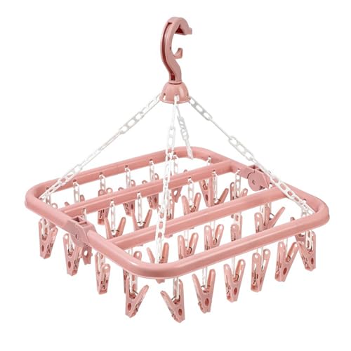 Aiweijia Hanging drying rack, Thickened clothes drying rack with 32 clips, 360° folding underwear rack with Windproof Hook Clips Drying Rack For Drying Baby Clothes, Towels, Underwear, Socks Pink