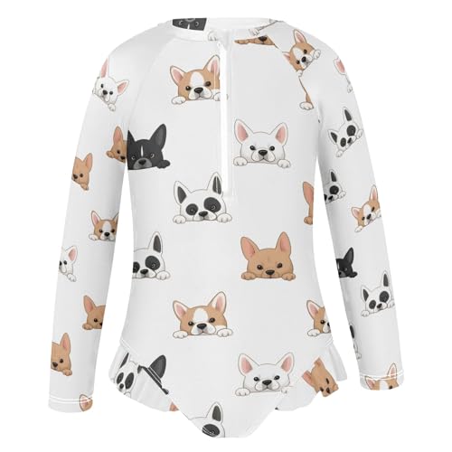 Puppy Face Dog Pattern Girls Long Sleeve Swimsuit Rash Guard One Piece Bathing Suits Zipper 3-12T2