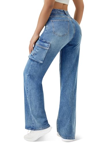 Women High Waisted Cargo Jean for Women with 6 Pockets Straight Wide Leg Jean Casual Baggy Pants2