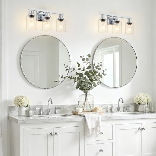 Image of 3 Light Bathroom Light Fixtures,17 inch Polished Chrome Vanity Lights | Modern Vanity Lights over Mirror with Clear Glassshades,Farmhouse Bathroom Wall Sconece over Sink,E26 Base