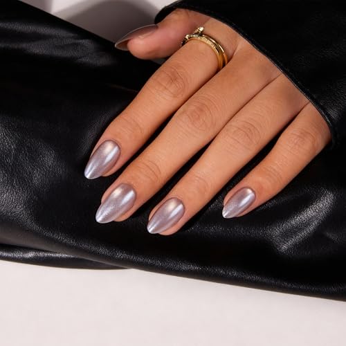 PILOLO Chrome Press On Nails Cat Eye Press On Nails Short 3D Pearl Almond Acrylic Fake Nails Glue On Full Cover Reusable Stick On False Nail Tips for Women Teens (Silver Moonlight)