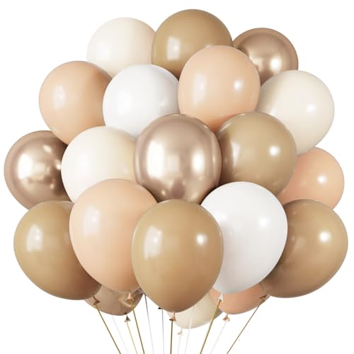 Image of RUBFAC Beige and Champagne Balloons, 65pcs White and Brown Boho Gold Party Balloon for Neutral Birthday Bridal Baby Shower Wedding Party Decorations