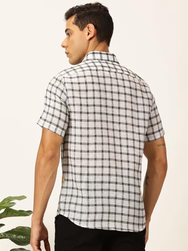 Image of Thomas Scott Men's | Checks | Half Sleeve | Slim Fit | Jute Linen | Spread Collar | Casual Shirt