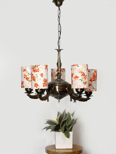 Image of Devansh 05-Light Round Printed Multicolor Cotton Shade Chandelier - Antique Golden Finish | Adjustable Cord | Warm Glow Lamp - Ceiling Light for Living Room, Dining Area, BedroomDecor - D16