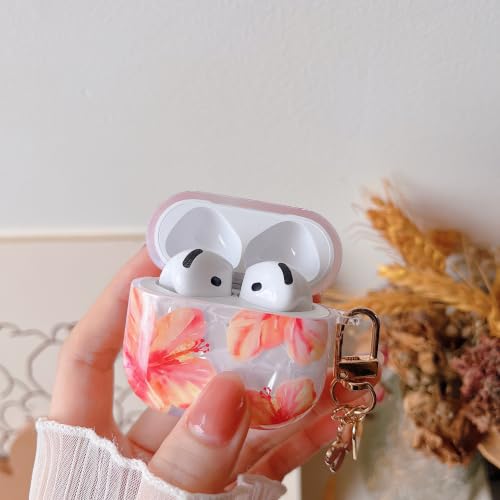 Image of MINSCOSE for Cute Glitter AirPods 4 Clear Case,Shell Pattern Hibiscus Flower Design with Kawaii Floral Keychain,Soft TPU Protective Cover with Cleaner Kit for Girls Women for AirPods 4-Red